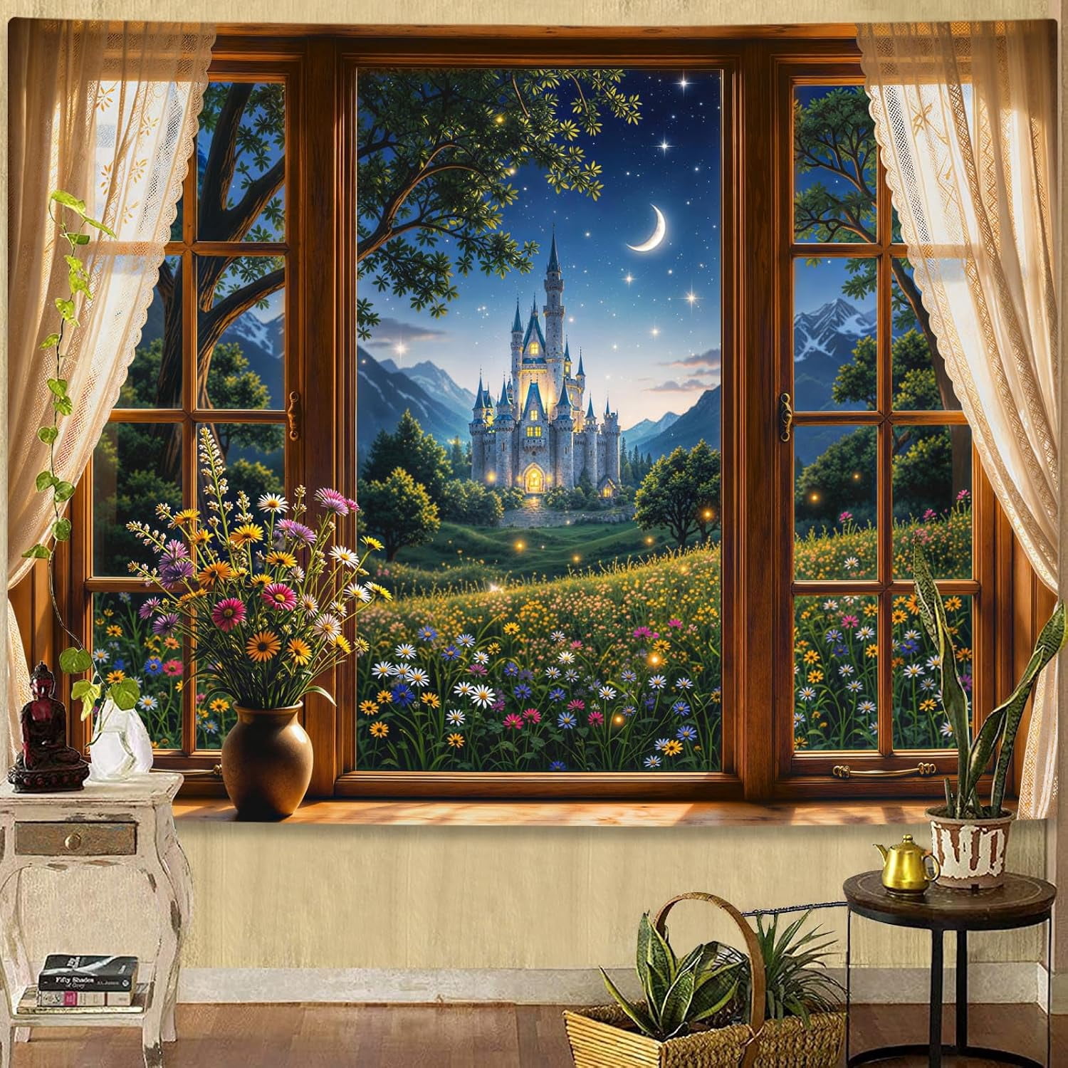 Customized Window Scenery Tapestry Window View Fantasy Castle Night Star Moon Scene - Walmart.com