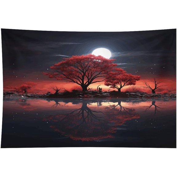 Tapestry for Bedroom, Red Tree Lake Moon Print Room Decor, Unique Tapestries Wall Hanging for Bedroom Dorm Living Room 60x90 Inch