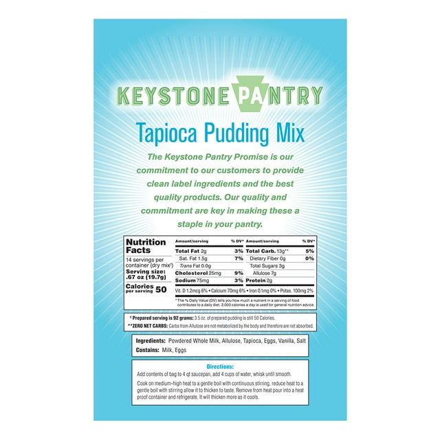 Tapioca Pudding Mix Made with Allulose No Sugar Added Kosher Dairy, Gluten Free Low