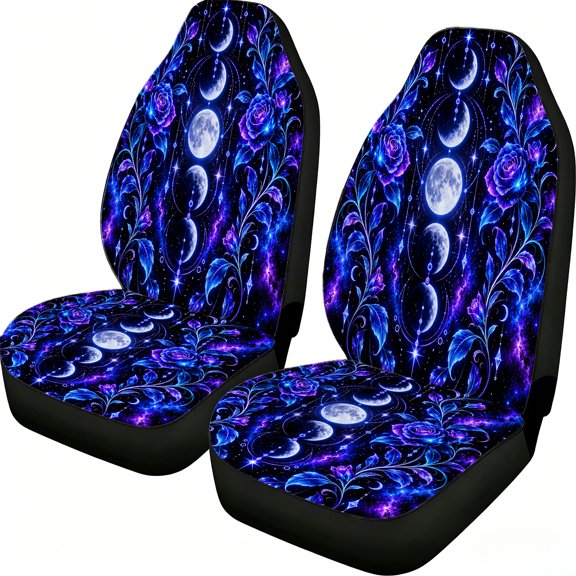 Taplcvy 2-Piece Front Car Seat Covers, Galaxy Moon Phase Rose Mesh Fabric, Universal Fit Vehicle Interior Decor for Sedans, Trucks, Vans and SUVs