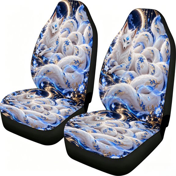 Taplcvy 2-Piece Front Car Seat Covers, White Moon Mystic Fox Mesh Fabric, Universal Fit Vehicle Interior Decor for Sedans, Trucks, Vans and SUVs