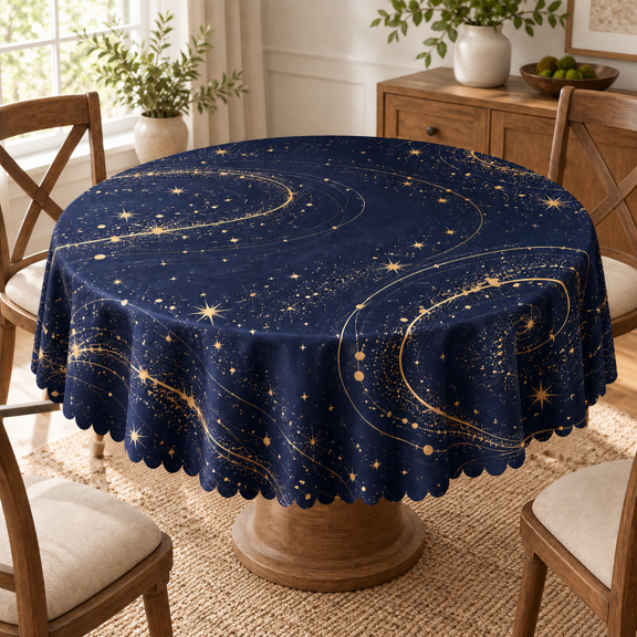 Taplcvy 60 inch Round Tablecloth, Navy Blue and Gold Celestial Star Orbit Print with Scalloped Edge, Washable Dining Table Cover for Daily Meals, Holiday Dinners and Gifts for Family and Friends
