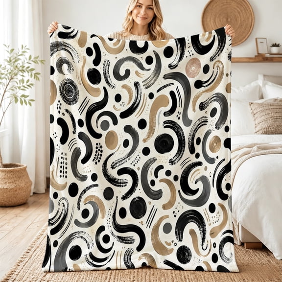 Taplcvy Black Tan Squiggle Pattern Flannel Throw Blanket, Unique Decor Gift, 60" x 80"