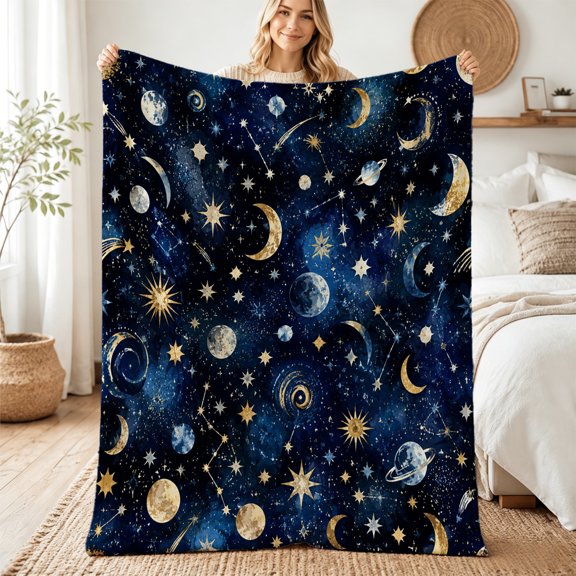 Taplcvy Deep Blue Celestial Pattern Flannel Throw Blanket, Celestial Gift, 30" x 40"