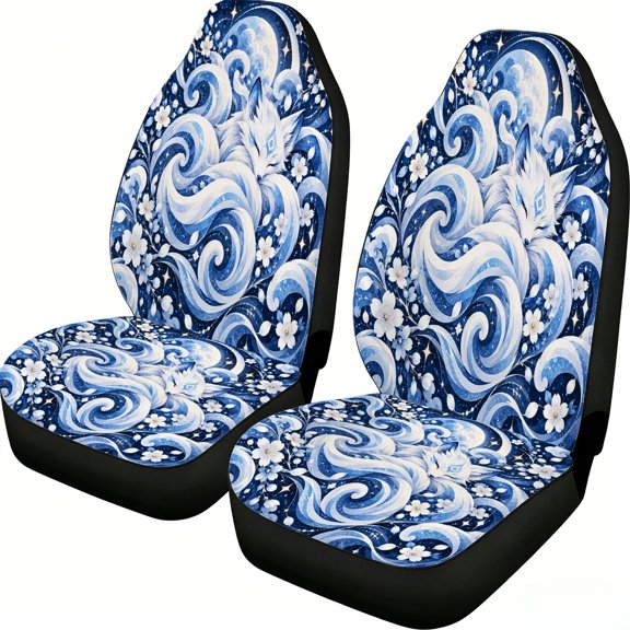 Taplcvy Front Car Seat Covers, White Fox Moonlit Waves Print