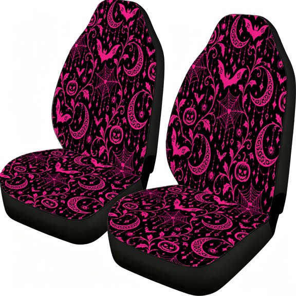 Taplcvy Halloween Bat Moon Spider Web Car Seat Covers 2-Piece Front Set Mesh Fabric Universal Fit for Sedans Trucks Vans Suvs Pink Black Auto Decor