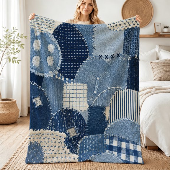 Taplcvy Hand Stitched Denim Collage Flannel Throw Blanket, Unique Decor Gift, 30" x 40"