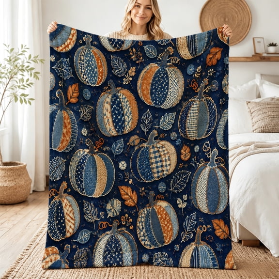 Taplcvy Navy Patchwork Pumpkin Pattern Flannel Throw Blanket, Fall Gift, 30" x 40"