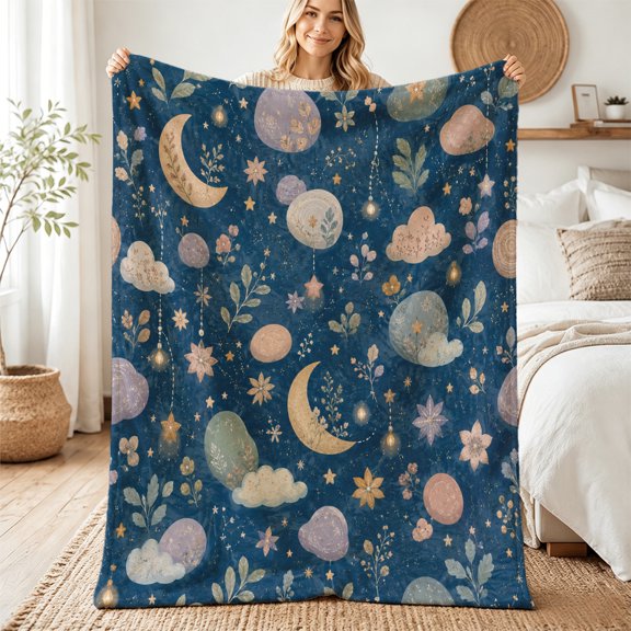 Taplcvy Pastel Planet and Moon Nursery Flannel Throw Blanket, Baby Shower Gift, 40" x 50"