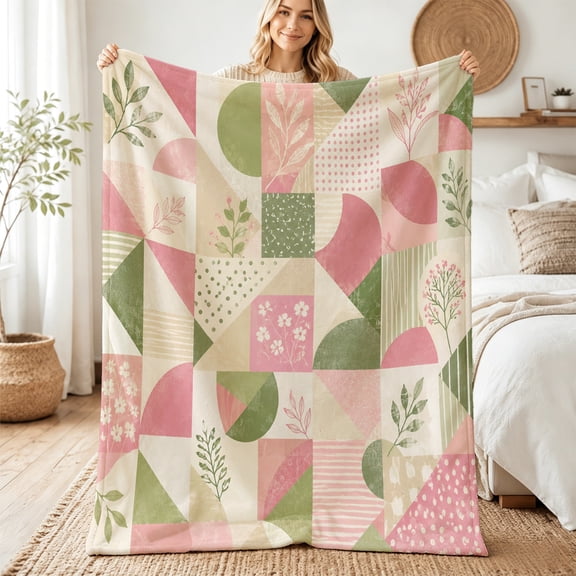 Taplcvy Pink Green Botanical Geometry Flannel Throw Blanket, Best Friend Gift, 30" x 40"