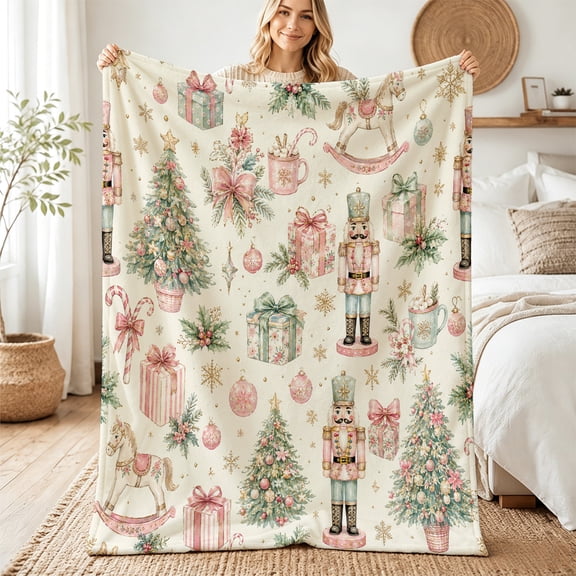 Taplcvy Pink Nutcracker Christmas Flannel Throw Blanket, Christmas Gift, 60" x 80"