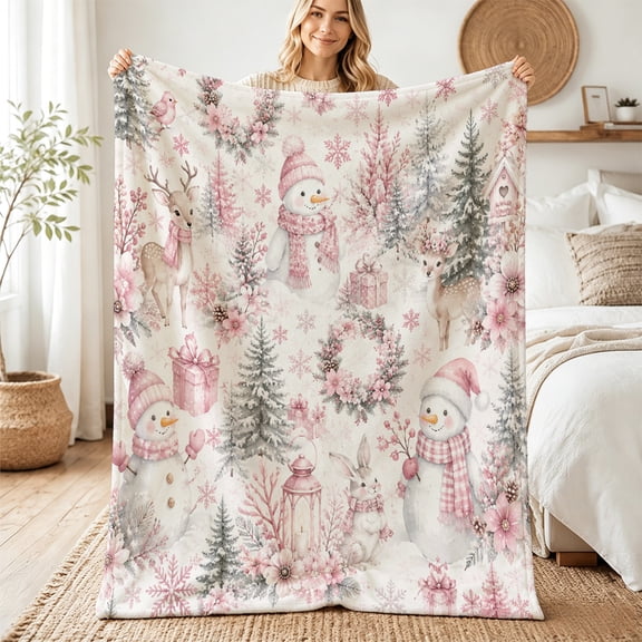 Taplcvy Pink Snowman Winter Village Flannel Throw Blanket, Home Decor Gift, 40" x 50"