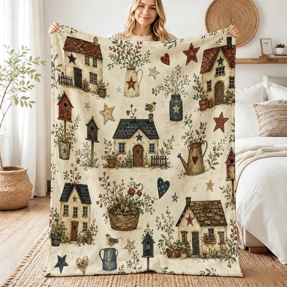 Taplcvy Primitive Country Cottage Village Flannel Throw Blanket, 40" x 50"