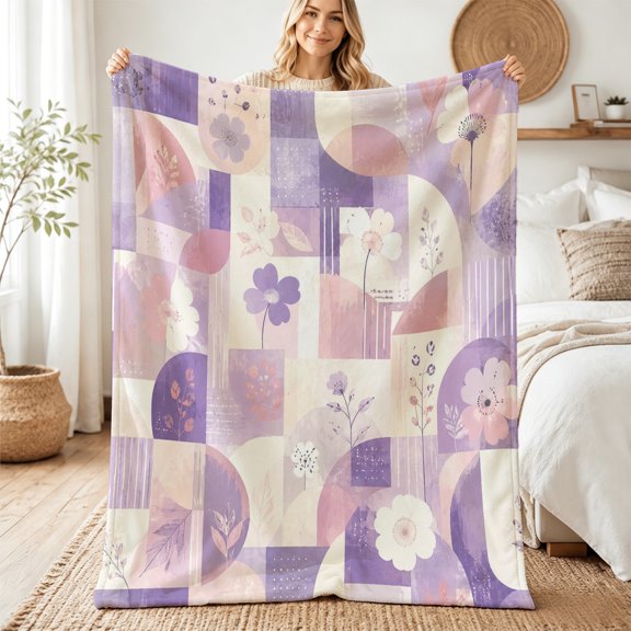 Taplcvy Purple Flower Geometric Patchwork Flannel Blanket, Best Friend Gift, 30" x 40"