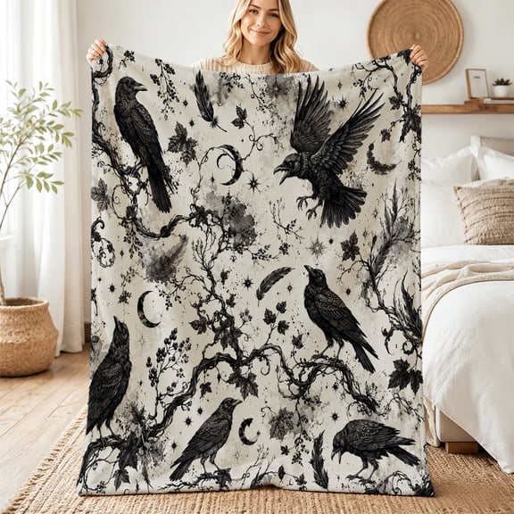 Taplcvy Raven Moon Gothic Flannel Throw Blanket, Bird Lover Gift, 40" x 50"