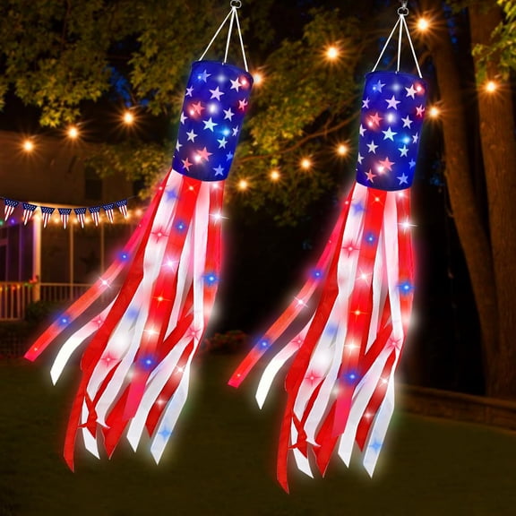 Taplcvy-Red White Blue LED Patriotic Wind Sock 60in 2-Pack Outdoor Hanging Decoration for Holiday, Party & Seasonal Yard Decor