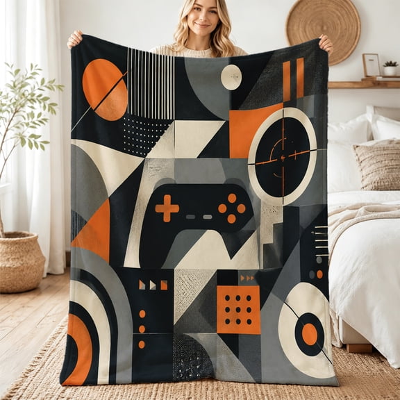 Taplcvy Retro Geometric Game Controller Flannel Blanket, Gamer Gift for Brother, 30" x 40"