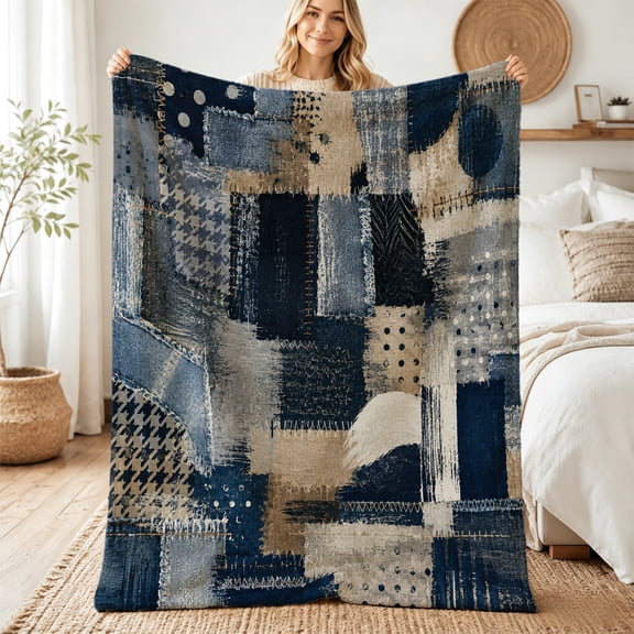 Taplcvy Rugged Navy Neutral Patchwork Flannel Throw Blanket, Unique Decor Gift, 30" x 40"