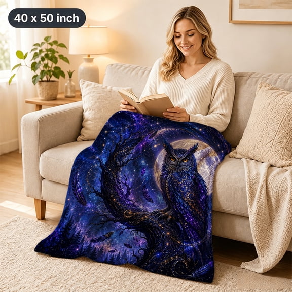 Taplevy 40 x 50 Inch Flannel Throw Blanket Celestial Owl Full Moon Galaxy Print Soft Cozy Lightweight Throws for Couch Sofa Bed Night Sky Home Decor Holiday Party Birthday Housewarming Gift