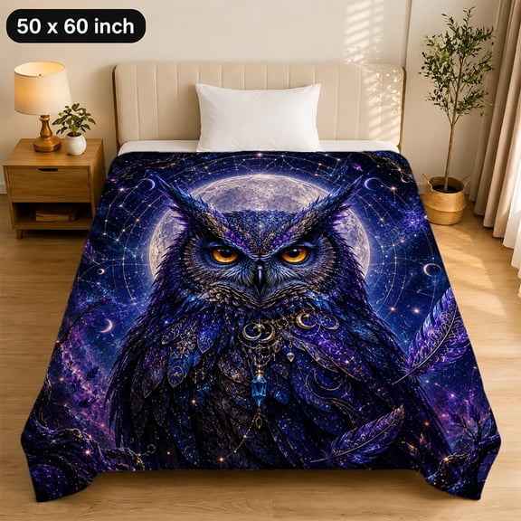 Taplevy 50 x 60 Inch Flannel Throw Blanket Celestial Owl Full Moon Galaxy Print Soft Cozy Lightweight Throws for Couch Sofa Bed Night Sky Home Decor Holiday Party Birthday Housewarming Gift