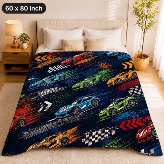 Taplevy 60 x 80 Inch Flannel Throw Blanket, Racing Sports Car Checkered Flag Print Soft Lightweight Throw for Couch Sofa Bed, Game Room Party Decor, Housewarming Birthday Holiday Gift