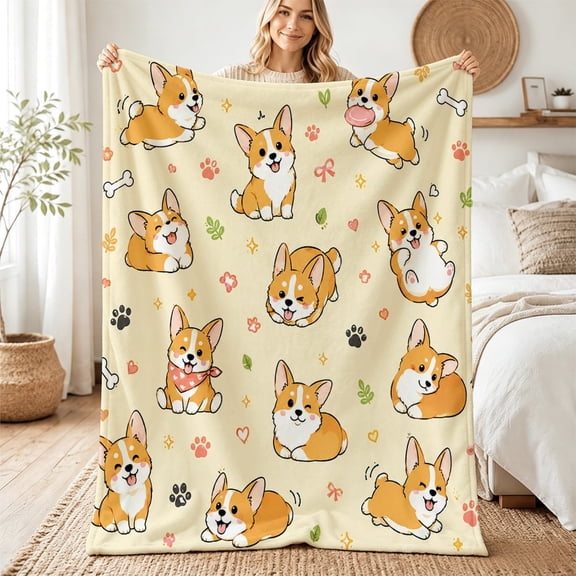 Taplevy Corgi Dog Throw Blanket, 30 x 40 inch Flannel with Paw Print Bone Heart and Leaf Pattern, Soft Lightweight Cozy Cover for Sofa Couch Bed Chair Travel Bedroom Living Room Home Decor