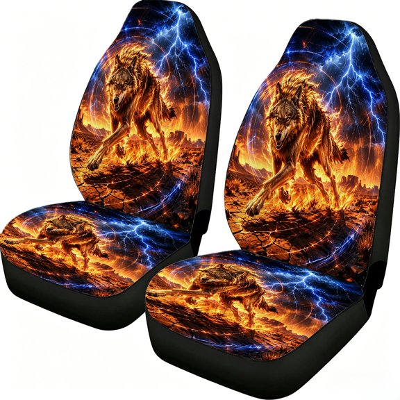 Taplcvy Fire Lightning Running Wolf Patterned Auto Seat Covers, 2-Piece Front Seats Mesh Fabric, Dirt Resistant Universal Fit Protectors for Cars SUVs Vans Trucks, Holiday Gifts for Family Drivers