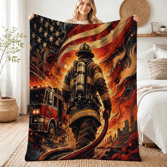 Taplevy Firefighter American Flag Throw Blanket, 30 x 40 inch Flannel with Fire Engine Rescue Artwork, Soft Lightweight Decorative Cover for Sofa Couch Bed Chair Travel Home Decor