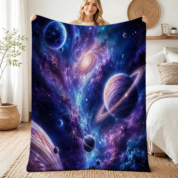 Taplevy Galaxy Planet Throw Blanket 50 x 60 inch Flannel, Purple Blue Cosmic Space Print Soft Lightweight Throws for Sofa Couch Bed Bedroom Home Decor