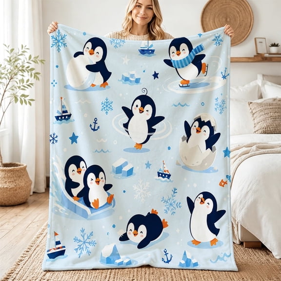 Taplevy Penguin Throw Blanket, 50 x 60 inch Flannel with Snowflake Iceberg Sailboat Anchor Winter Ocean Print, Soft Lightweight Cozy Throws for Sofa Couch Bed Chair Travel Bedroom Home Decor