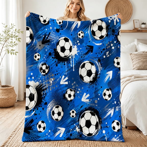 Taplevy Soccer Ball Throw Blanket, 50 x 60 inch Flannel with Blue Black Paint Splash Arrow Sports Pattern, Soft Lightweight Cozy Throws for Sofa Couch Bed Chair Travel Bedroom Home Decor