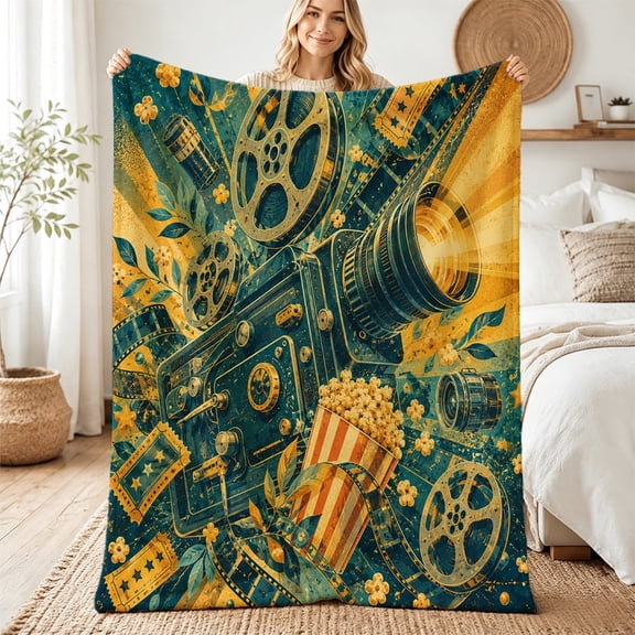 Taplevy Vintage Cinema Throw Blanket, 60 x 80 inch Flannel with Film Reel Projector Popcorn Ticket Print, Soft Lightweight Cozy Throws for Sofa Couch Bed Chair Travel Bedroom Home Decor