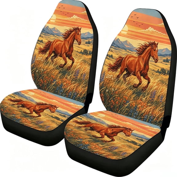 Taplevy Western Running Horse Sunset Mountain Meadow Car Seat Covers, 2-Piece Front Protectors, Breathable Mesh Fabric, Universal Fit for Sedans Suvs Vans Trucks, Wildflower Interior Art Decor