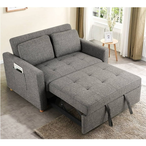 Tapoja 3-in-1 Convertible Sleeper Sofa Bed, Linen Fabric Pull Out Couch Bed, Loveseat with Spring Support, Adjustable Backrest Perfect for Dorms, Apartments, and Home Offices Dark Grey