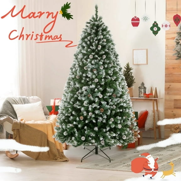 VIBESPARK 6FT Pre-Decorated Artificial Christmas Tree for Home, Office, Pine Xmas Tree w/ 756 PVC Branch Tips, Party Decoration w/ 51 Pine Cones, Metal Hinges & Foldable Base