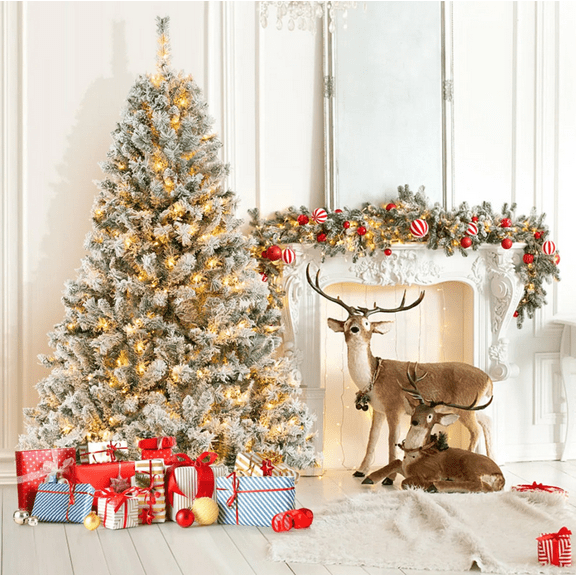 Tapoja 6ft Pre-lit Snow-Flocked Christmas Tree, Artificial Holiday Christmas Tree with 250 Warm White Lights,  733 Branch Tips With 2 Pairs Gloves & Metal Base