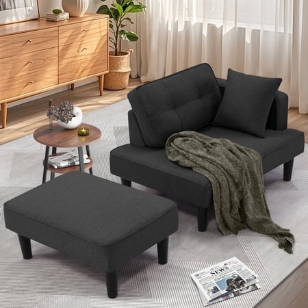 Tapoja Chaise Lounge Chair Indoor, Linen Leisure Accent Recliner Chair with Support Pillow for Living Room Bedroom Apartment Office Lounge Sofa, Gray