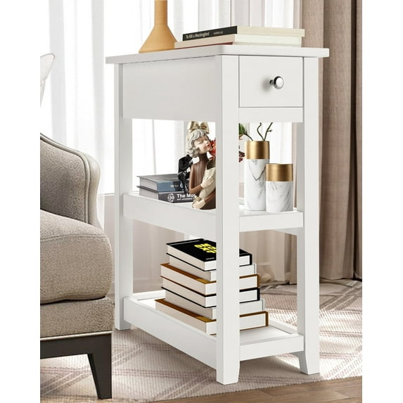 Tapoja End Table Living Room, Narrow Nightstand with Darwer and Shelf, 3-Tier Sofa Side Table for Small Space, White