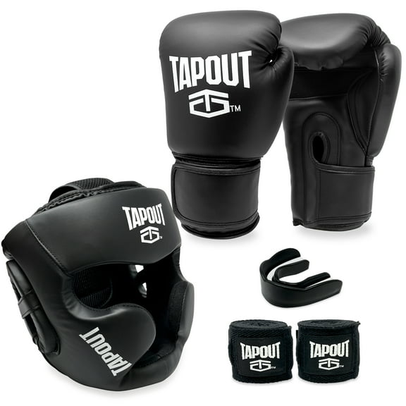 Tapout Boxing Set - 10 oz Gloves, Headgear, Two Handwraps, One Mouth Guard, Mesh Bag - Complete Training Gear for Boxers
