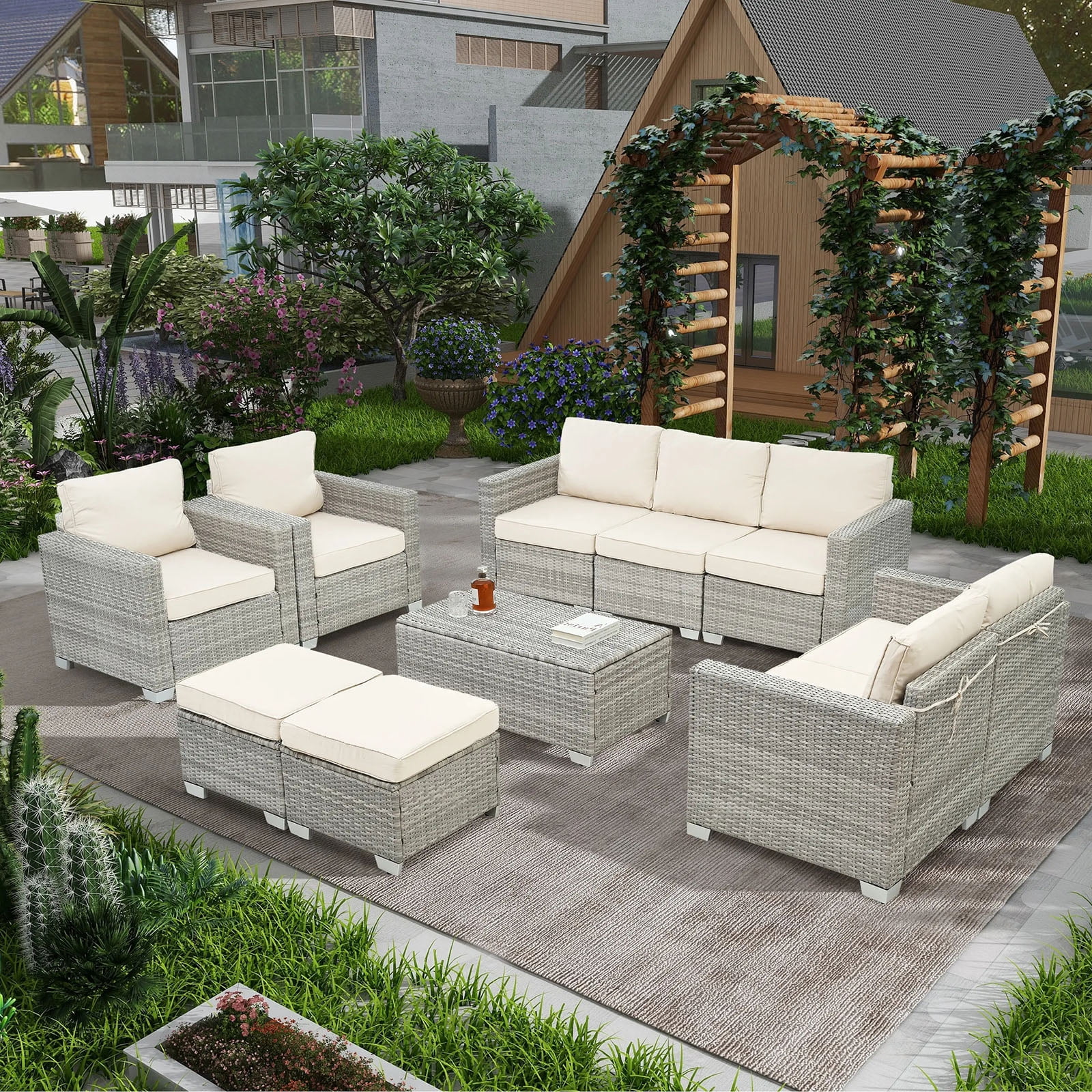 Tappio 10-Piece Patio Furniture Set, All-Weather Outdoor Wicker ...