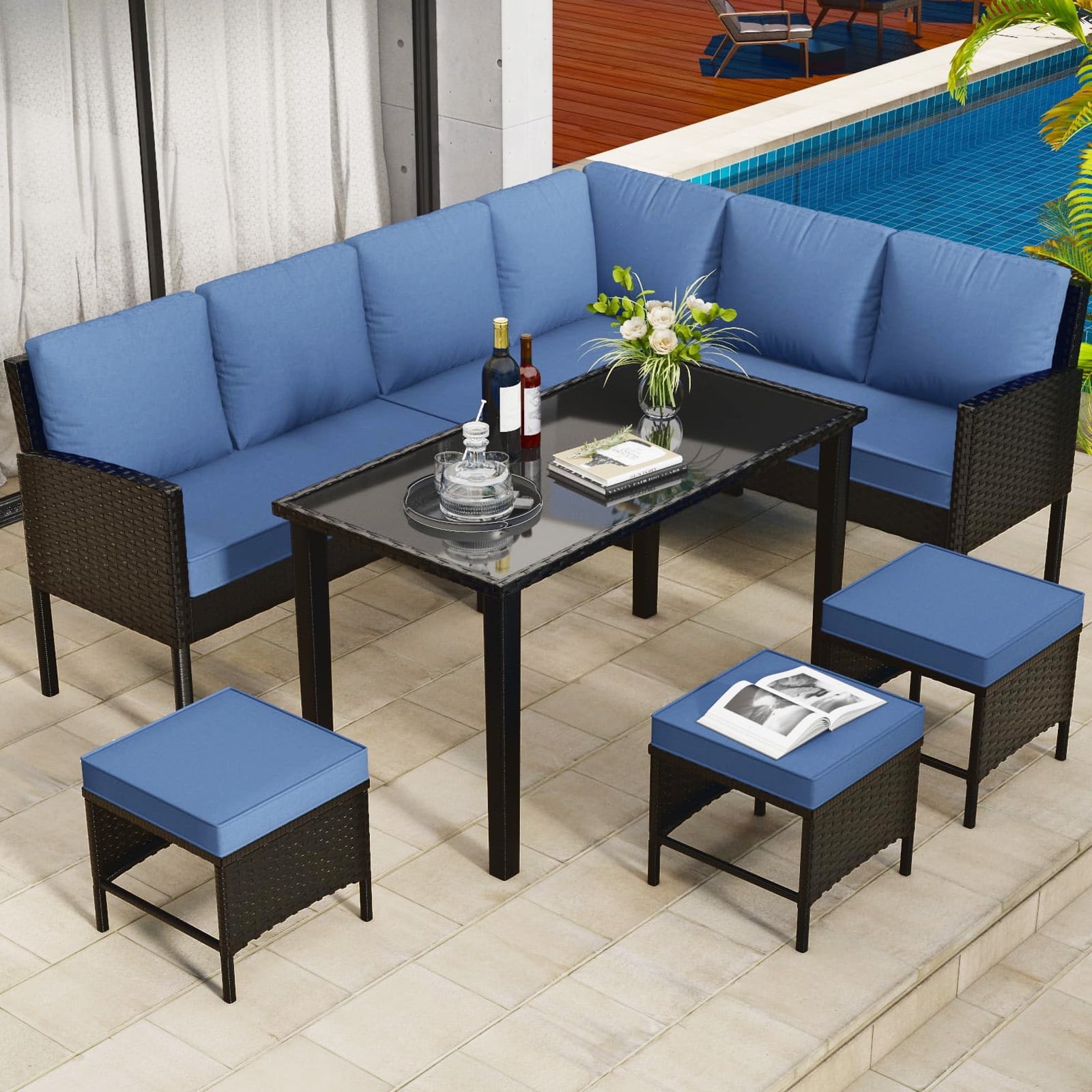 Tappio 10 Pieces Outdoor Patio Furniture Set, PE Rattan Wicker Patio Conversation Sectional Set with Ottoman, Table and Cushions for Backyard, Porch, Garden, Blue