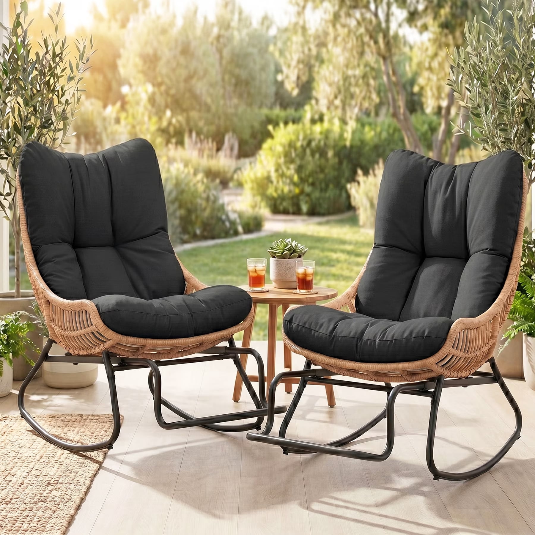 Tappio 2 Piece Rocking Papasan Chair with Adjustable Footrest, Outdoor ...