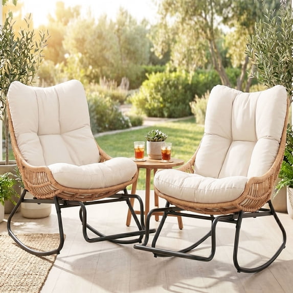 Tappio 2 Piece Rocking Papasan Chair with Adjustable Footrest, Outdoor Egg Rocking Chair with Thick Cushion and Steel Frame, Oversized Papasan Lounge Rocker for Garden, Porch, Living Room, Beige