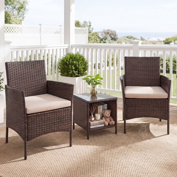 Tappio 3 Piece Patio Conversation Bistro Set Outdoor Chat Furniture, Porch Balcony Furniture Set, Wicker Chairs and Storable Table Set for Patio Balcony Backyard Apartment, Brown/Beige