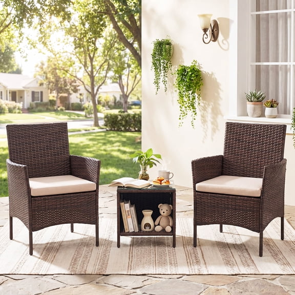 Tappio 3 Piece Patio Conversation Bistro Set Outdoor Chat Furniture, Porch Balcony Furniture Set, Wicker Chairs and Storable Table Set for Patio Balcony Backyard Apartment, Brown/Beige