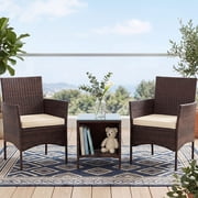 Tappio 3 Piece Patio Conversation Bistro Set Outdoor Chat Furniture, Porch Balcony Furniture Set, Wicker Chairs and Storable Table Set for Patio Balcony Backyard Apartment, Brown/Beige