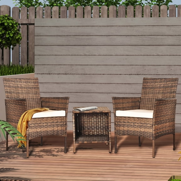 Tappio 3 Piece Patio Conversation Bistro Set Outdoor Chat Furniture, Porch Balcony Furniture Set, Wicker Chairs and Storable Table Set for Patio Balcony Backyard Apartment, Brown/Beige