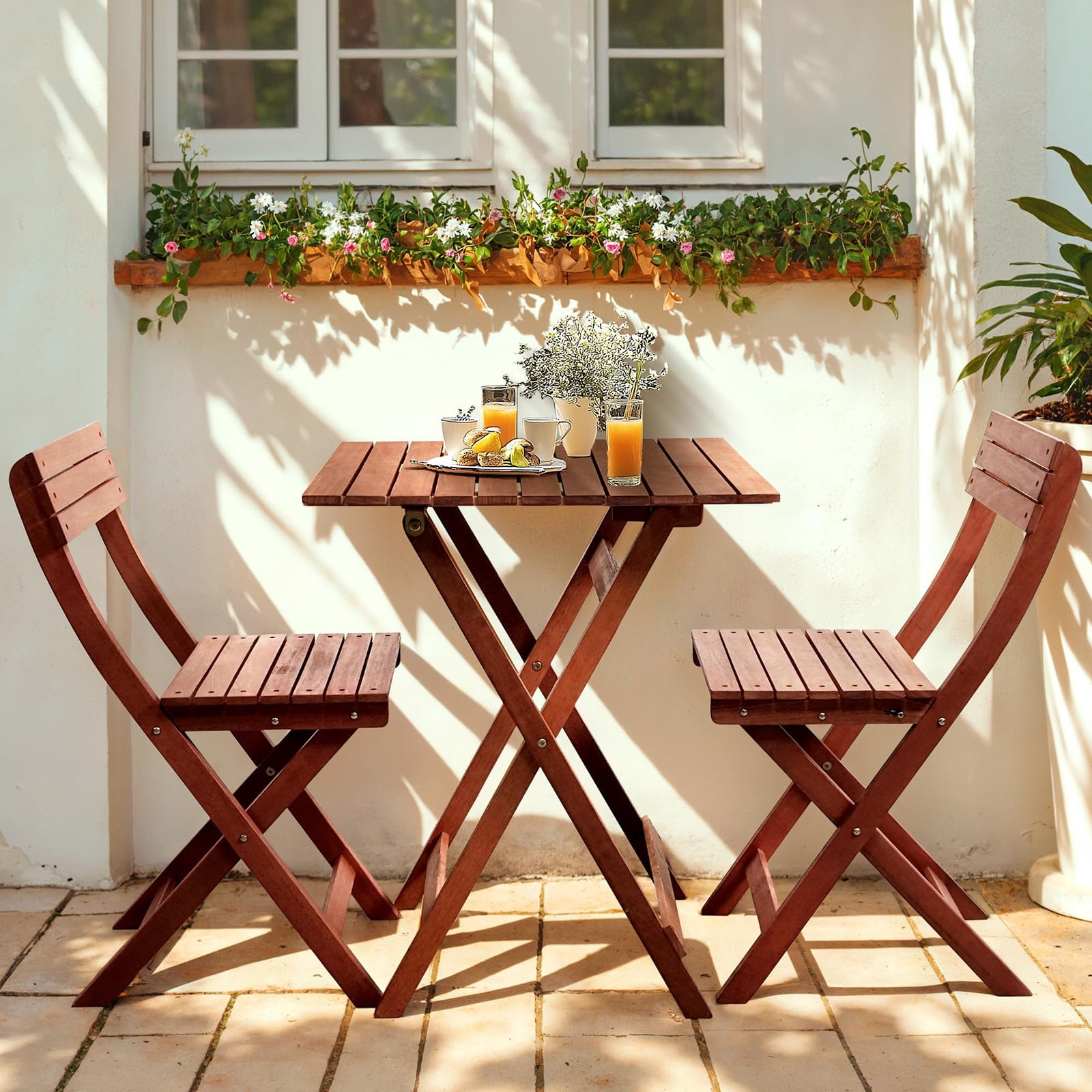 Tappio 3 Piece Foldable Outdoor Wicker Furniture Patio Bistro Set, Eucalyptus Wood Patio Chairs Set with Table, Portable Outdoor Patio Furniture for Porch Poolside Garden