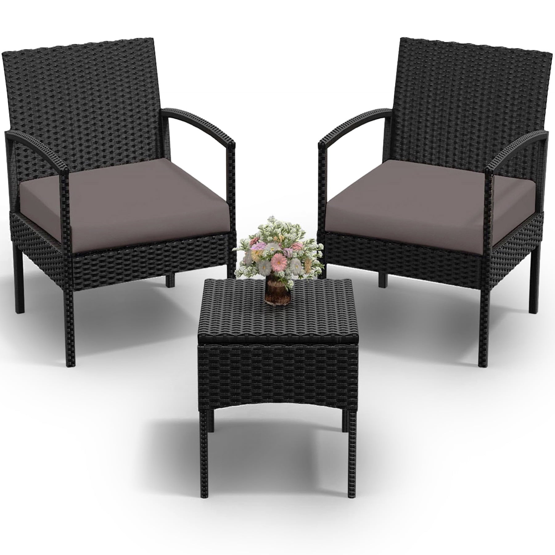 Tappio 3 Piece Outdoor Patio Furniture Set Outdoor Rattan Furniture, Patio Chairs Set of 3, Rattan Conversation Bistro Sets with Table and Cushions Brown