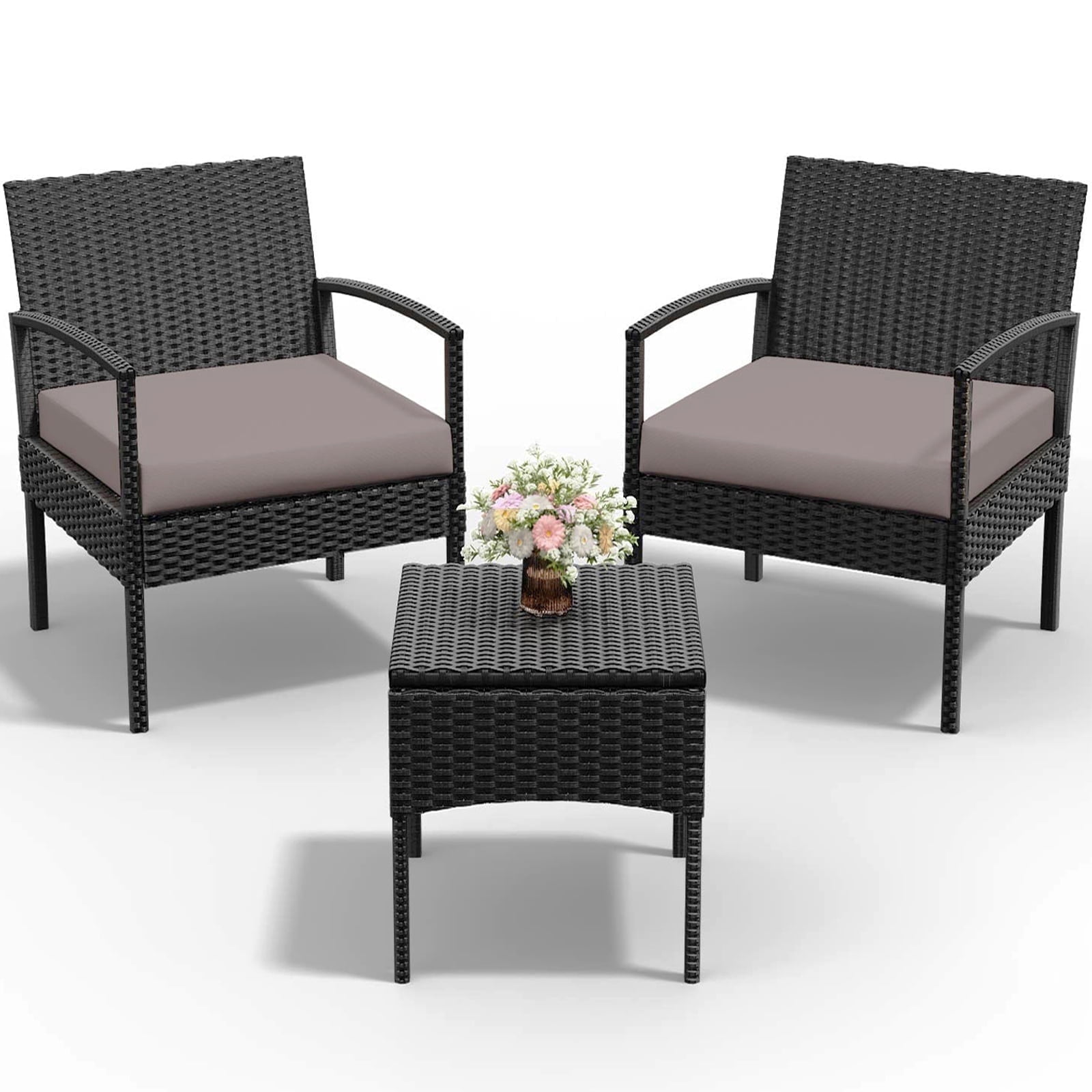 Tappio 3 Piece Outdoor Patio Furniture Set Outdoor Rattan Furniture, Patio Chairs Set of 3, Rattan Conversation Bistro Sets with Table and Cushions Brown